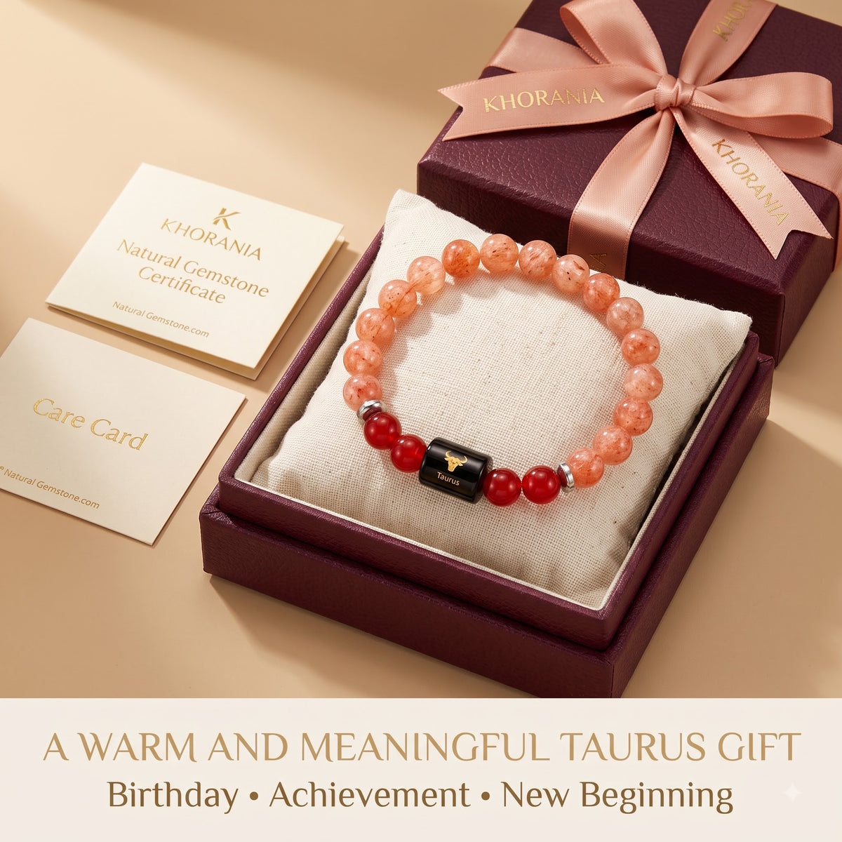Taurus Zodiac Bracelet (वृषभ राशि) – Sunstone & Carnelian Healing Crystal