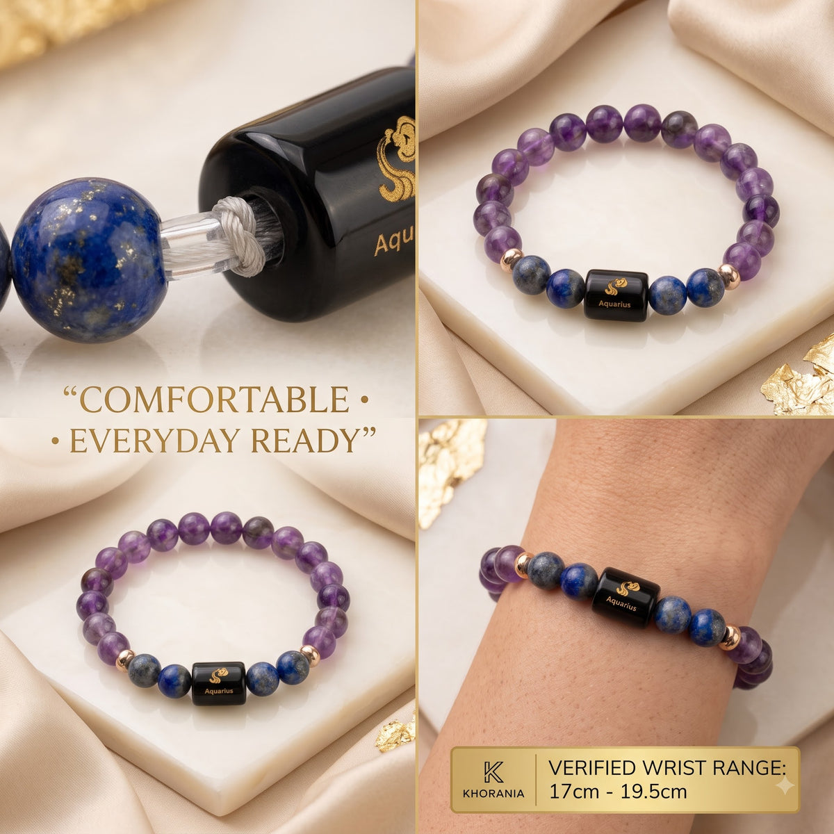 Aquarius Zodiac Bracelet (कुंभ राशि) – Certified Amethyst & Lapis Lazuli Healing Crystal