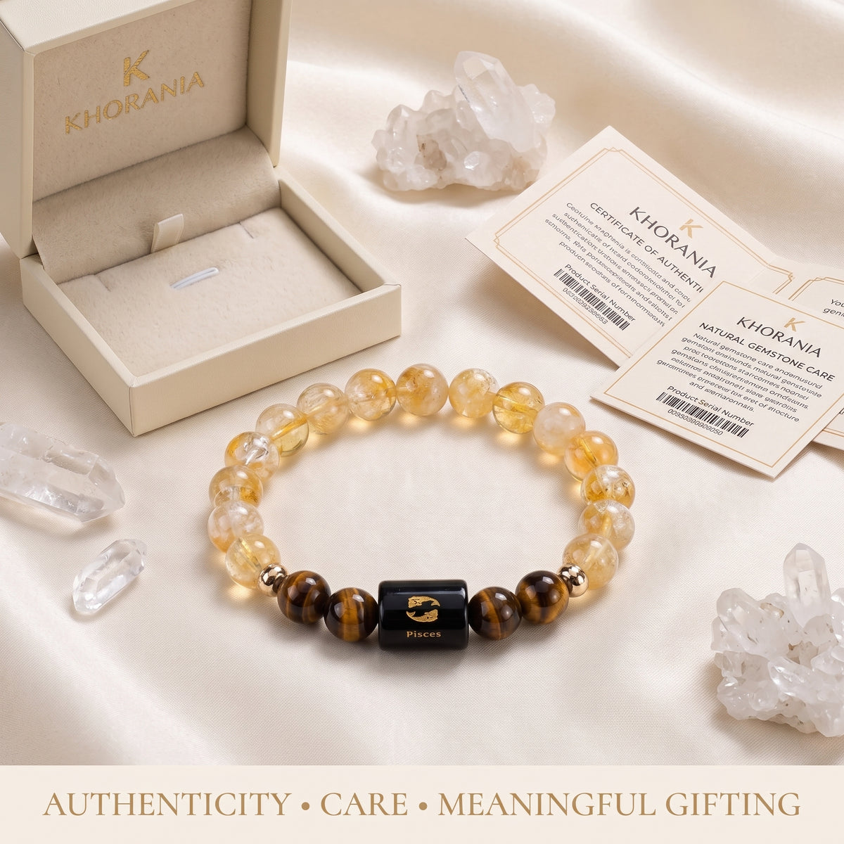Pisces Zodiac Bracelet (मीन राशि) – Certified Citrine & Tiger Eye Healing Crystal