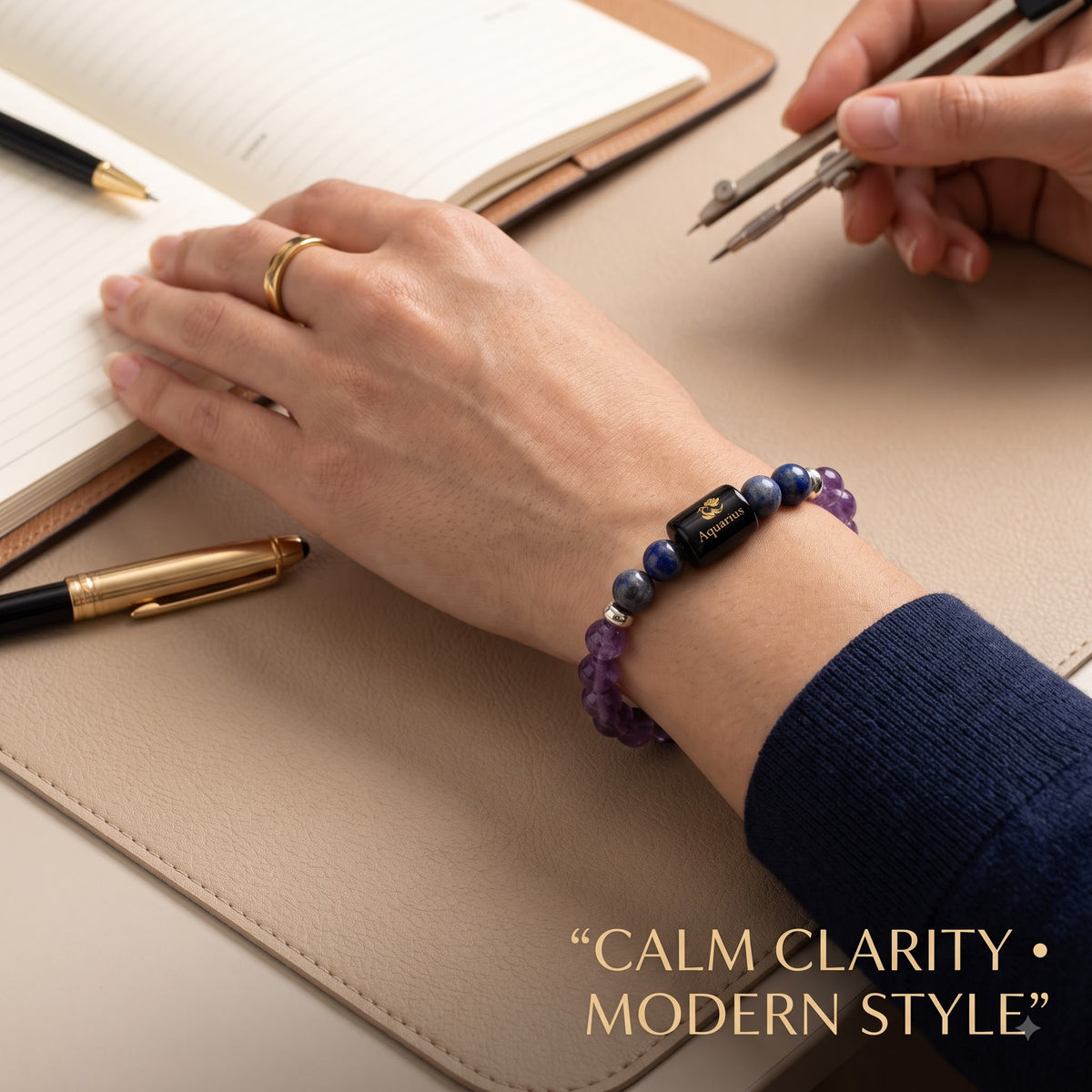 Aquarius Zodiac Bracelet (कुंभ राशि) – Certified Amethyst & Lapis Lazuli Healing Crystal