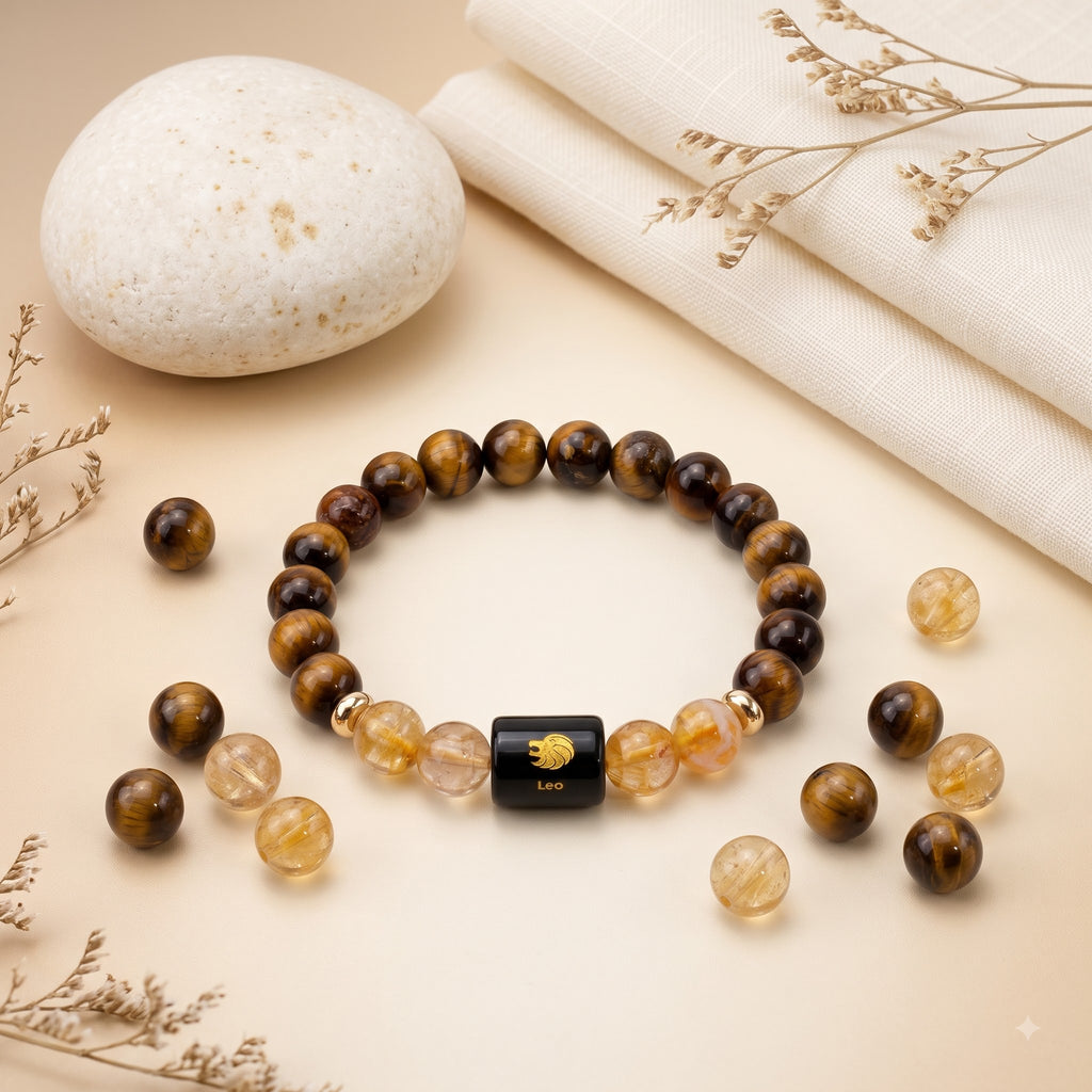Leo Zodiac Bracelet (सिंह राशि) – Certified Tiger Eye & Citrine Healing Crystal