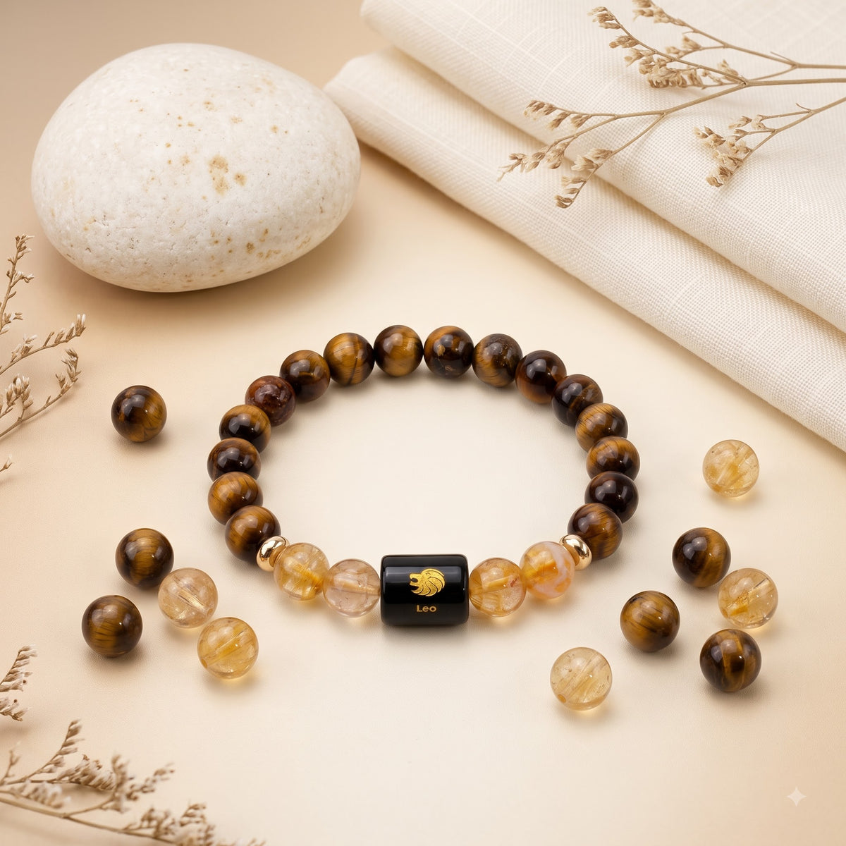 Leo Zodiac Bracelet (सिंह राशि) – Certified Tiger Eye & Citrine Healing Crystal