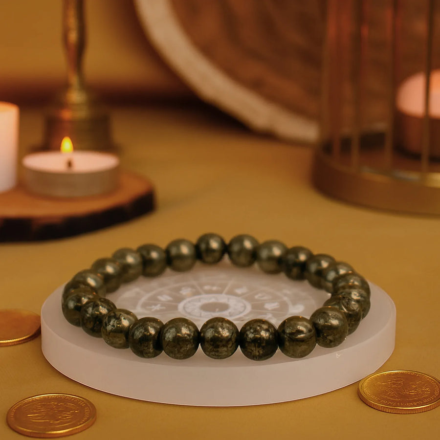 Pyrite Bracelet with Selenite Charging Plate Combo for Wealth, Confidence & Positive Energy