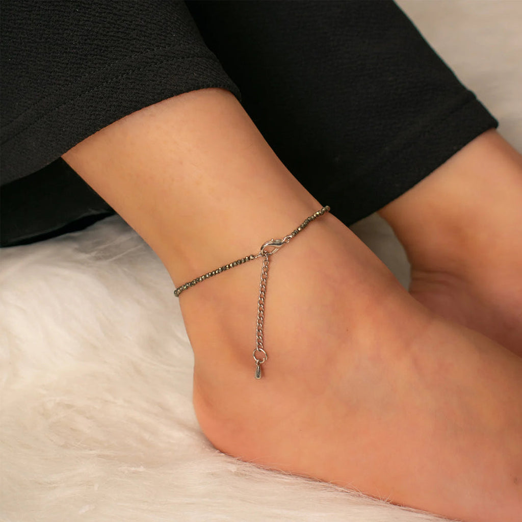 Faceted Pyrite Beaded Anklet with Silver-Tone Adjustable Chain