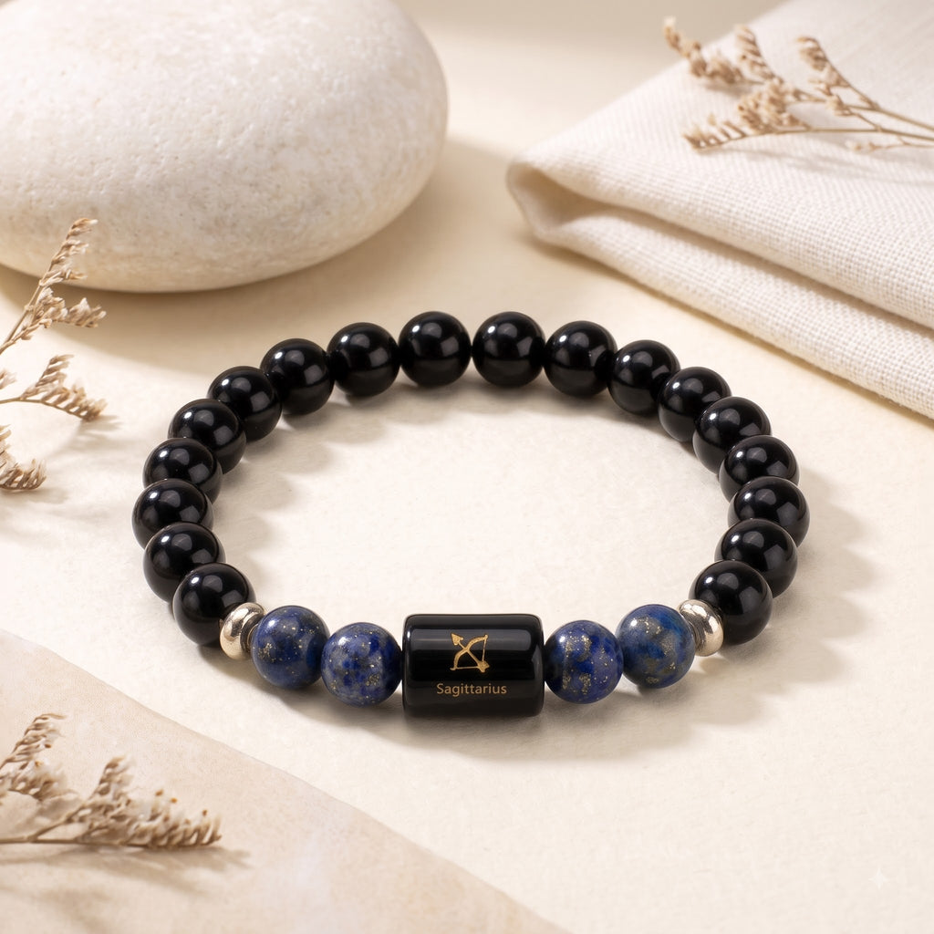 Sagittarius Zodiac Bracelet (धनु राशि) – Certified Black Obsidian & Lapis Lazuli Healing Crystal