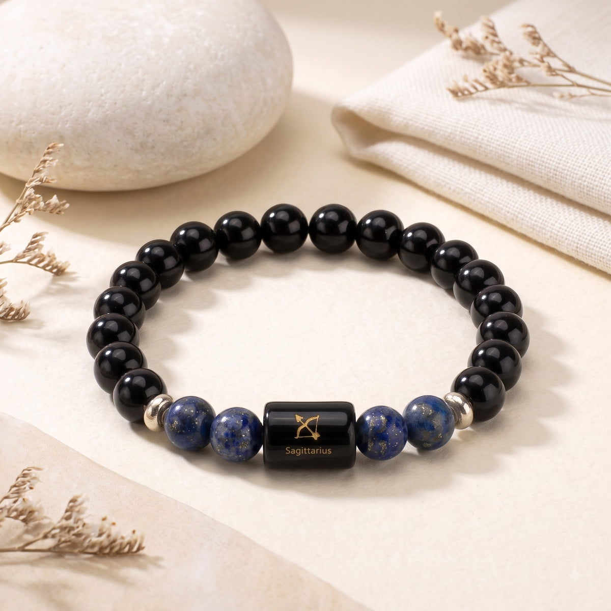Sagittarius Zodiac Bracelet (धनु राशि) – Certified Black Obsidian & Lapis Lazuli Healing Crystal