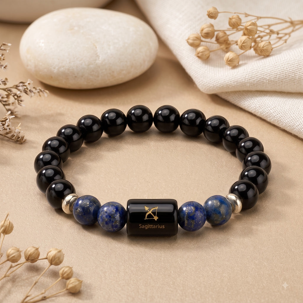 Sagittarius Zodiac Bracelet (धनु राशि) – Certified Black Obsidian & Lapis Lazuli Healing Crystal