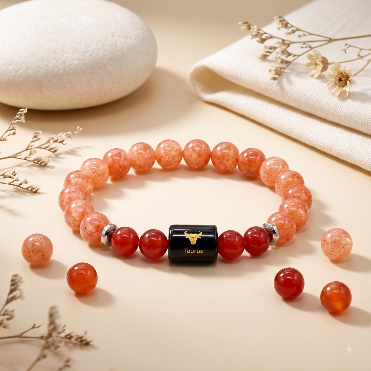 Taurus Zodiac Bracelet (वृषभ राशि) – Sunstone & Carnelian Healing Crystal