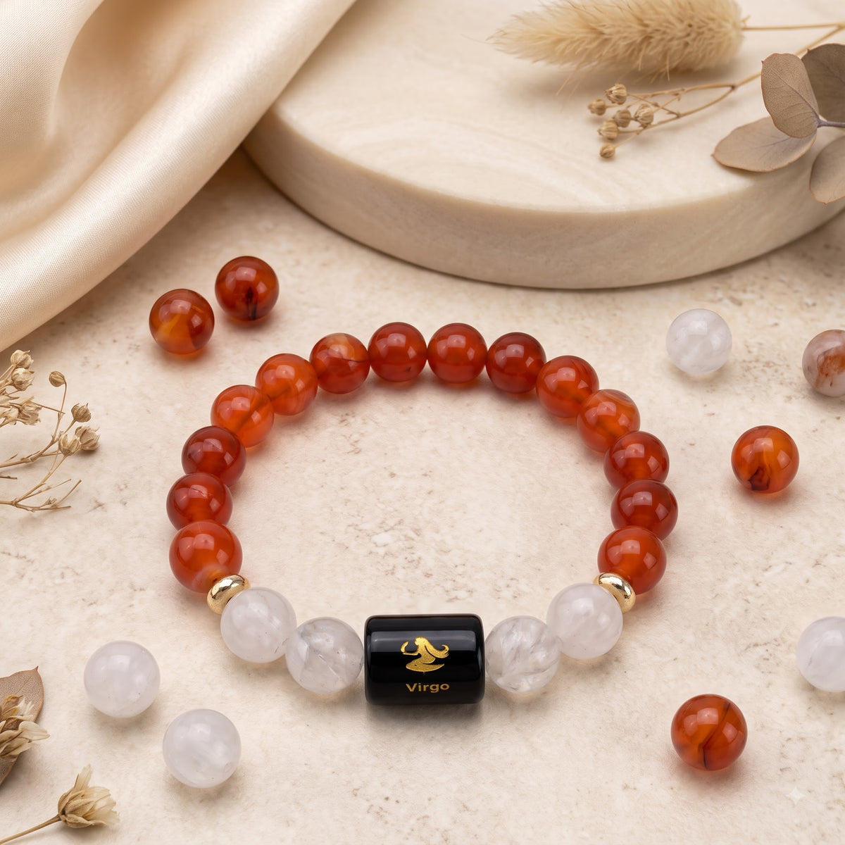 Virgo Zodiac Bracelet (कन्या राशि) – Certified Carnelian & Milky Quartz Healing Crystal
