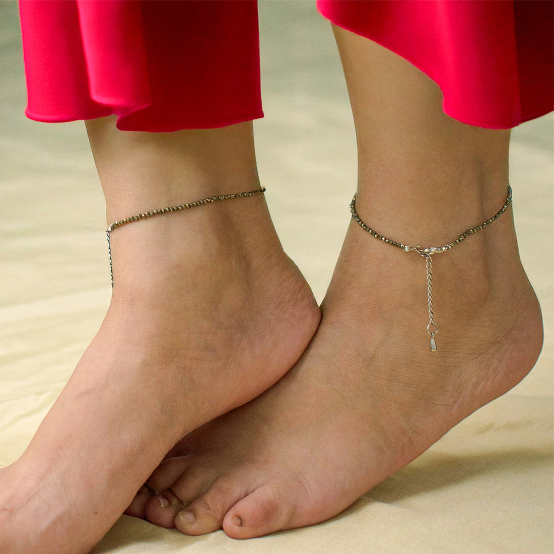 Faceted Pyrite Beaded Anklet with Silver-Tone Adjustable Chain
