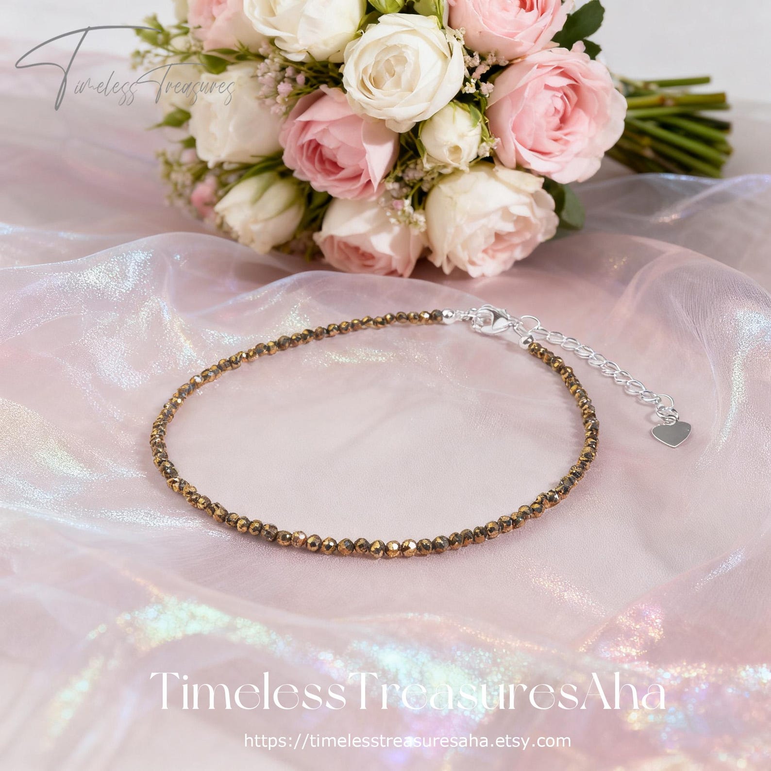Faceted Pyrite Beaded Anklet with Silver-Tone Adjustable Chain