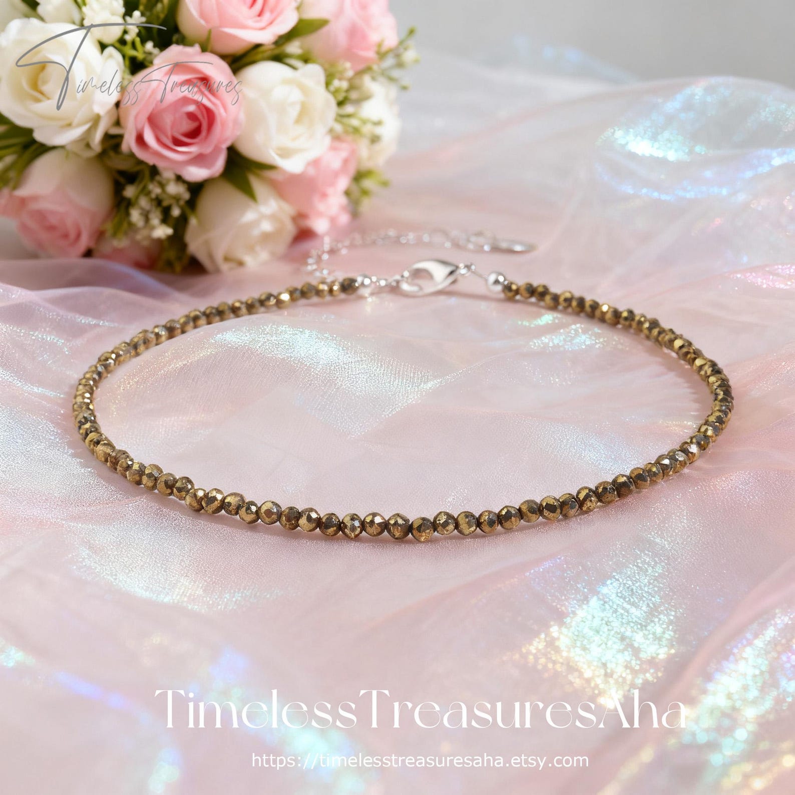 Faceted Pyrite Beaded Anklet with Silver-Tone Adjustable Chain
